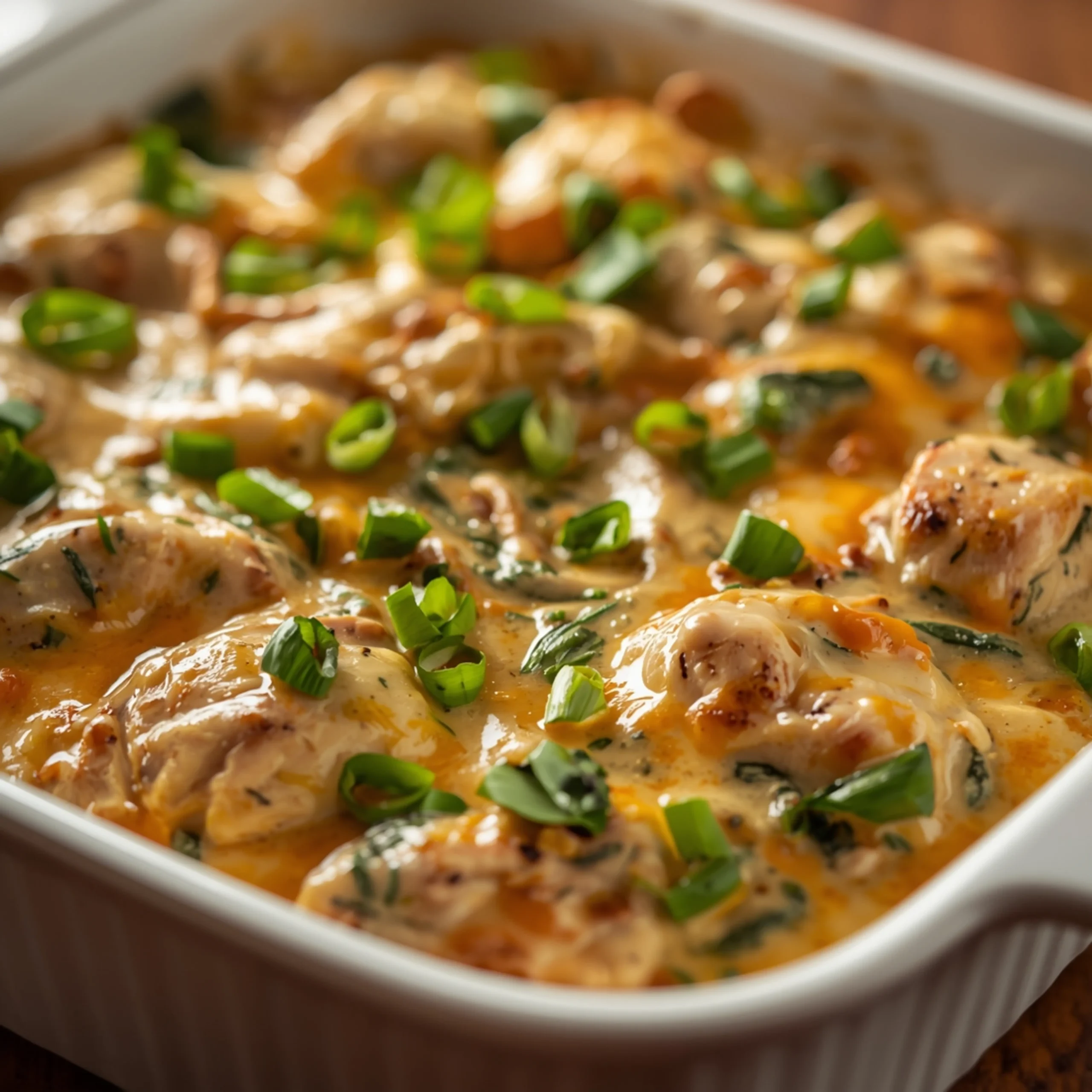 Close-up of Creamy Low Carb Chicken Casserole with fresh herbs and glossy sauce