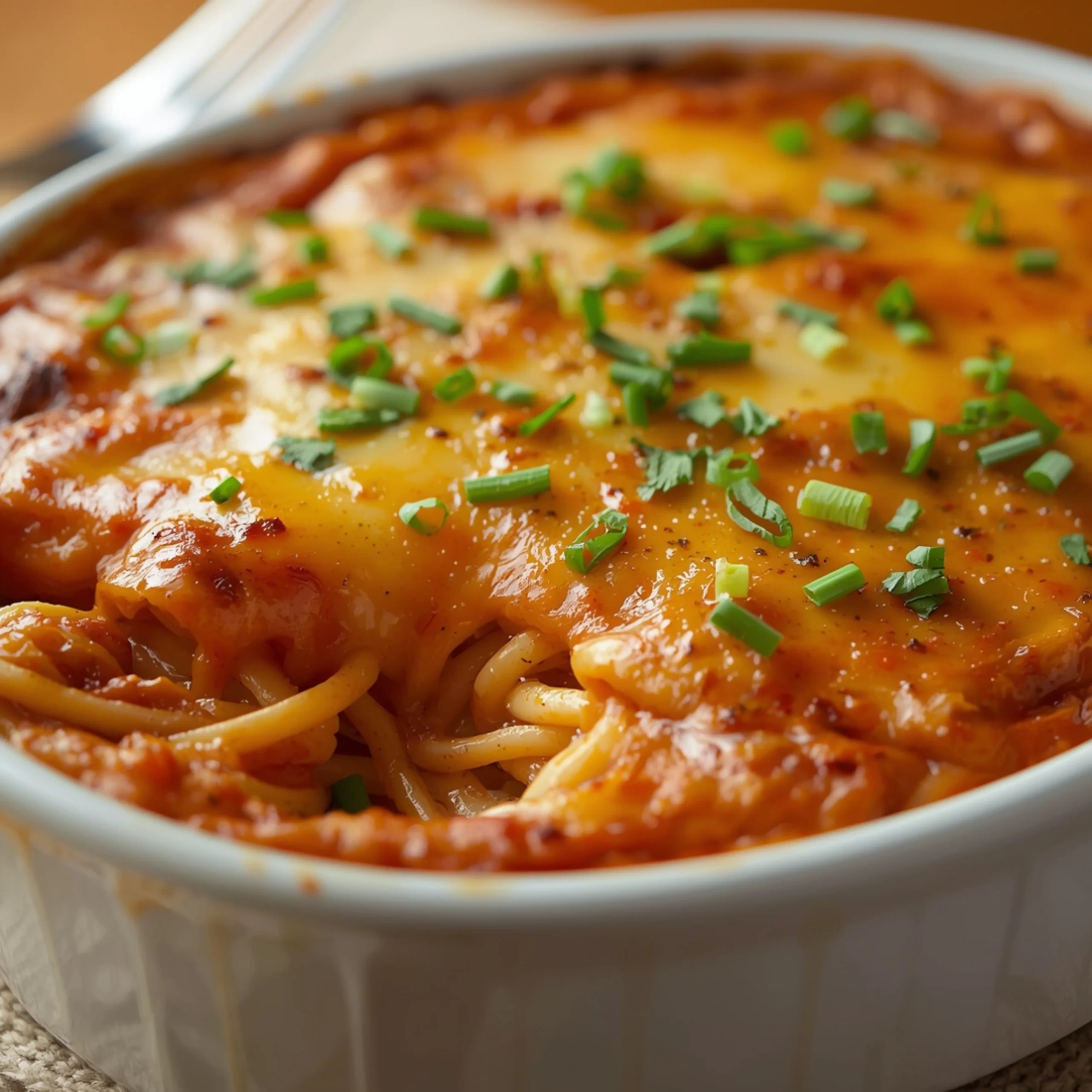 Close-up of Creamy Southern Spaghetti Bake with fresh herbs and glossy sauce
