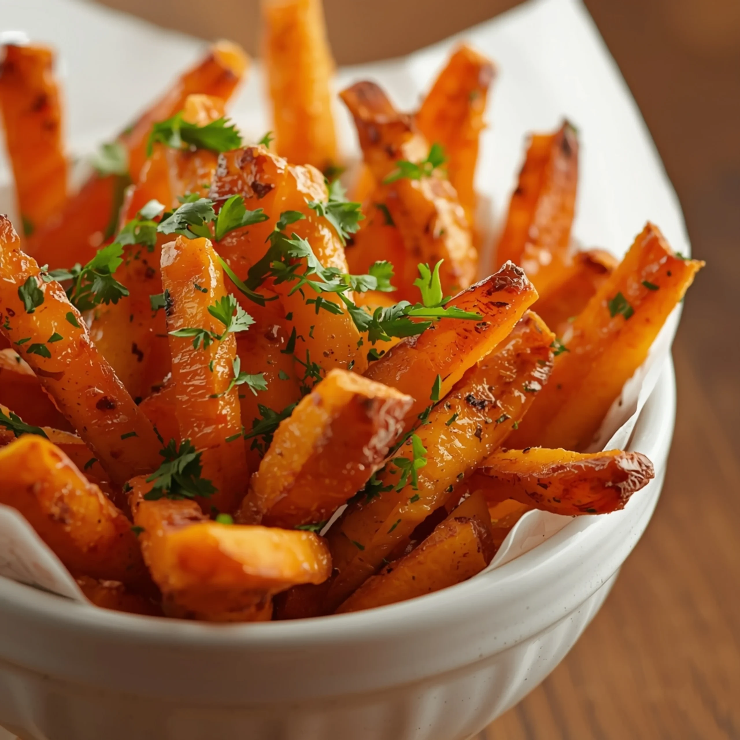 Close-up of Crispy Oven Baked Sweet Potato Fries with fresh herbs and glossy glaze