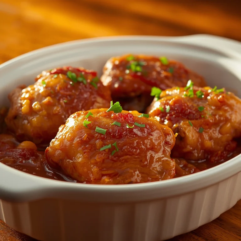 Close-up of Crock Pot Chicken Thighs Recipe with fresh herbs and glossy sauce