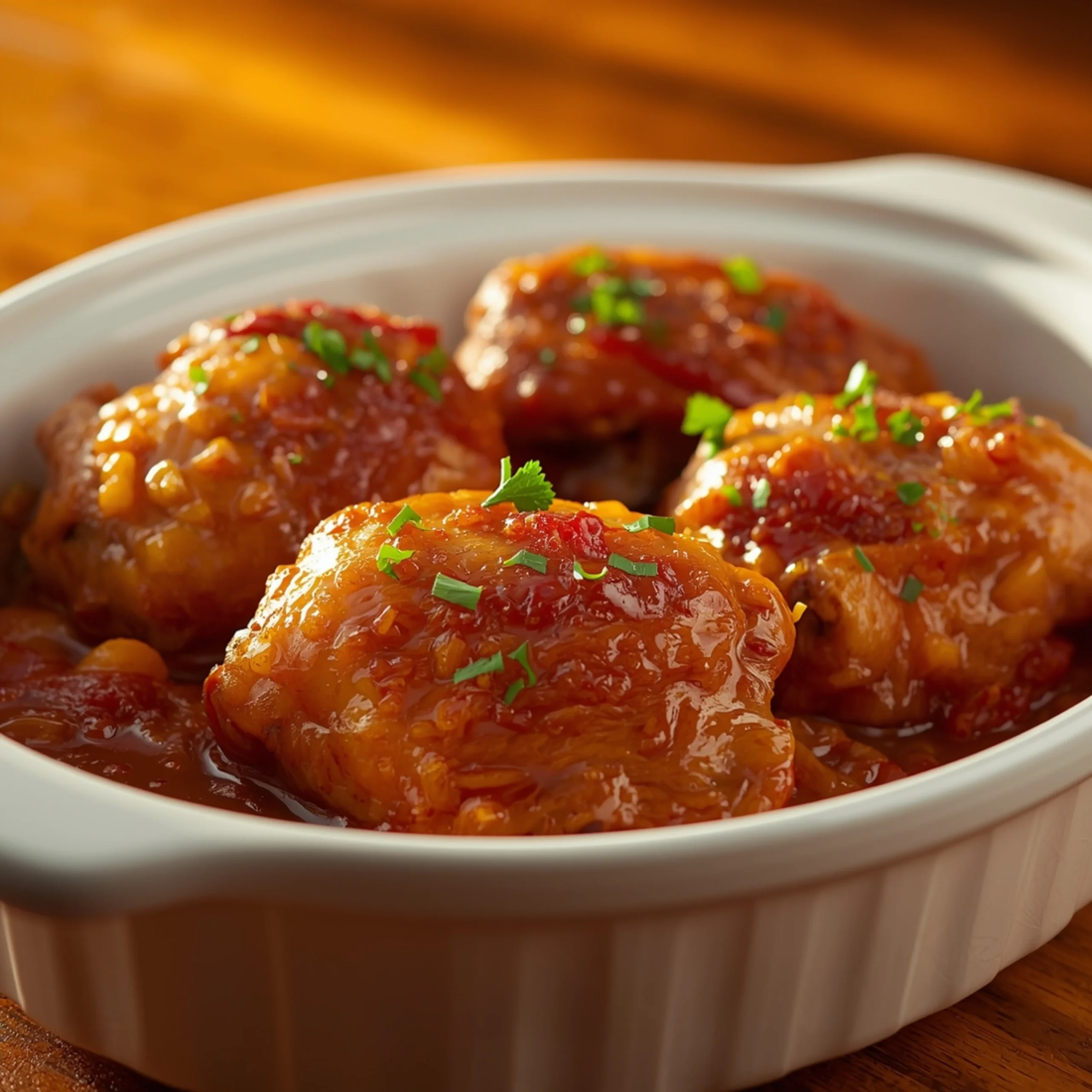 Close-up of Crock Pot Chicken Thighs Recipe with fresh herbs and glossy sauce