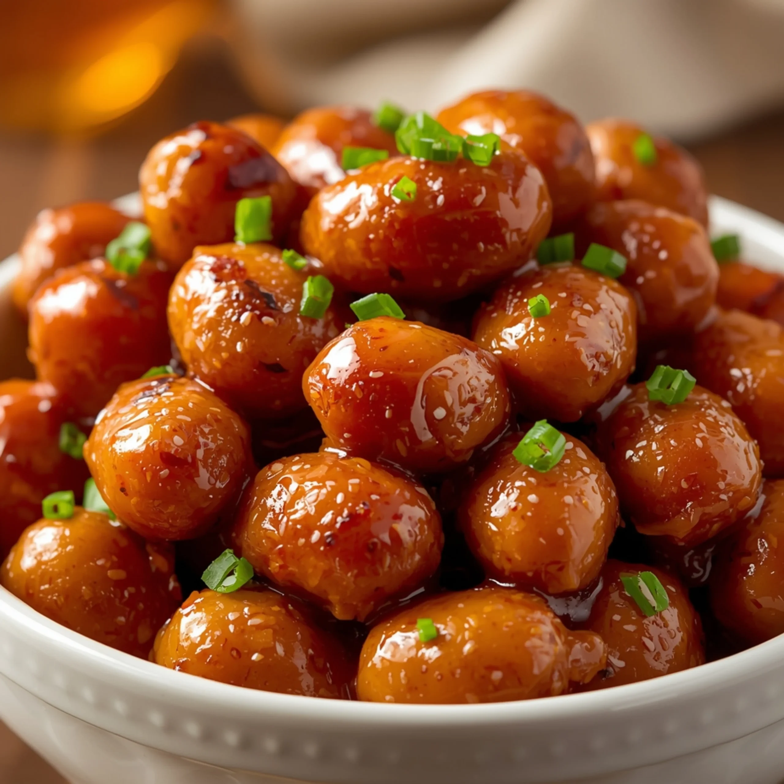Close-up of Easy Spicy Hot Honey Garlic Lil Smokies Recipe with fresh green onions and parsley, coated in a glossy, vibrant sauce