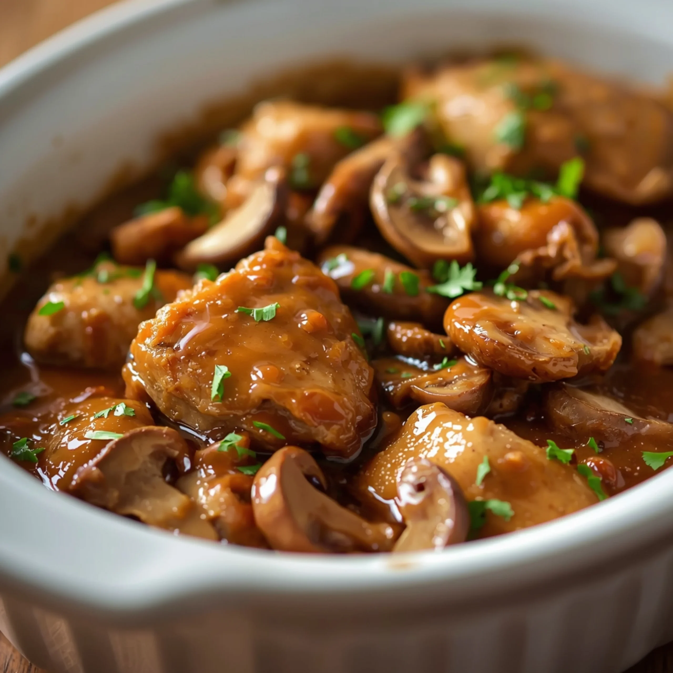 Close-up of Flavorful Crockpot Chicken Marsala Delight with fresh herbs and glossy sauce