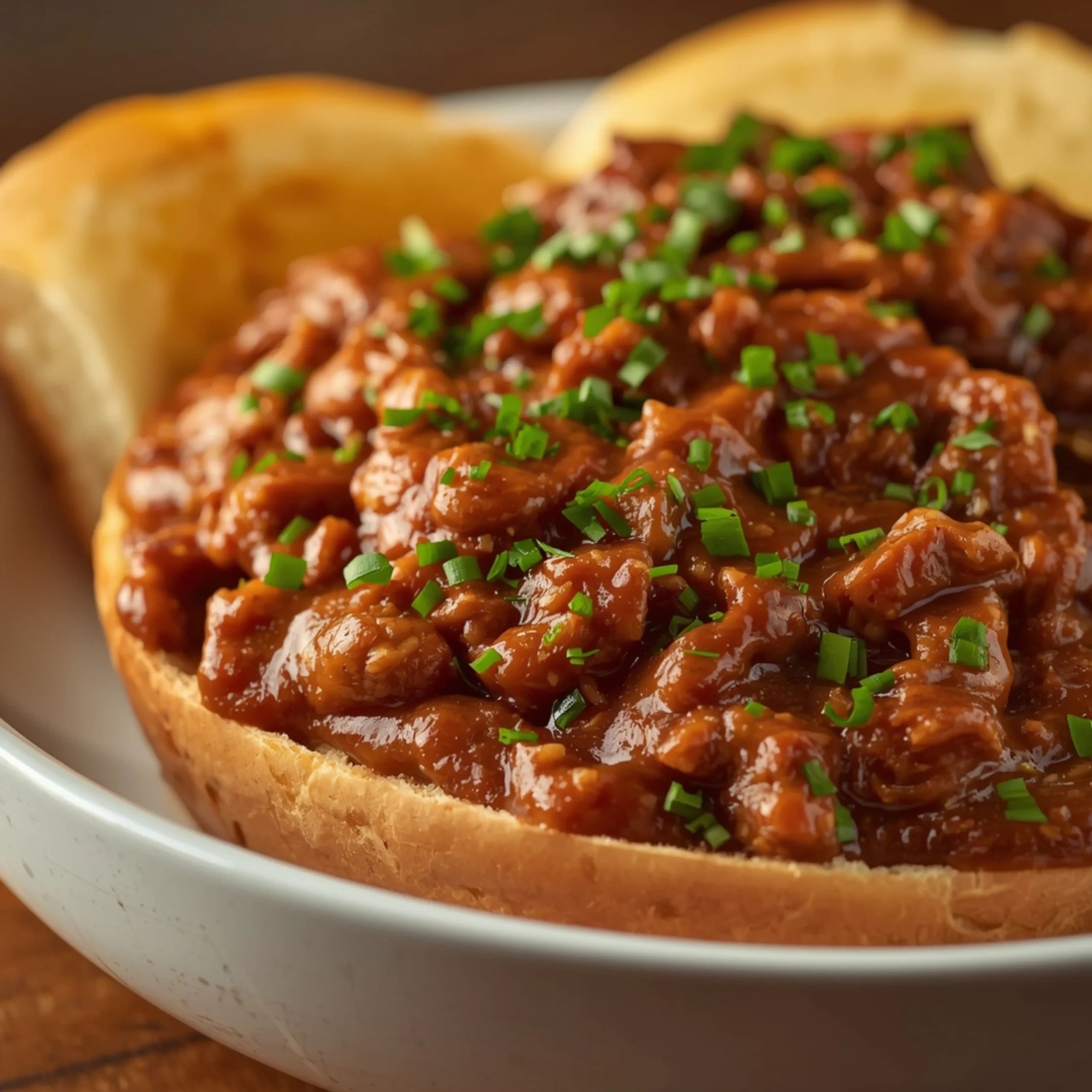 Close-up of Garlic Bread Sloppy Joes with fresh herbs and glossy sauce