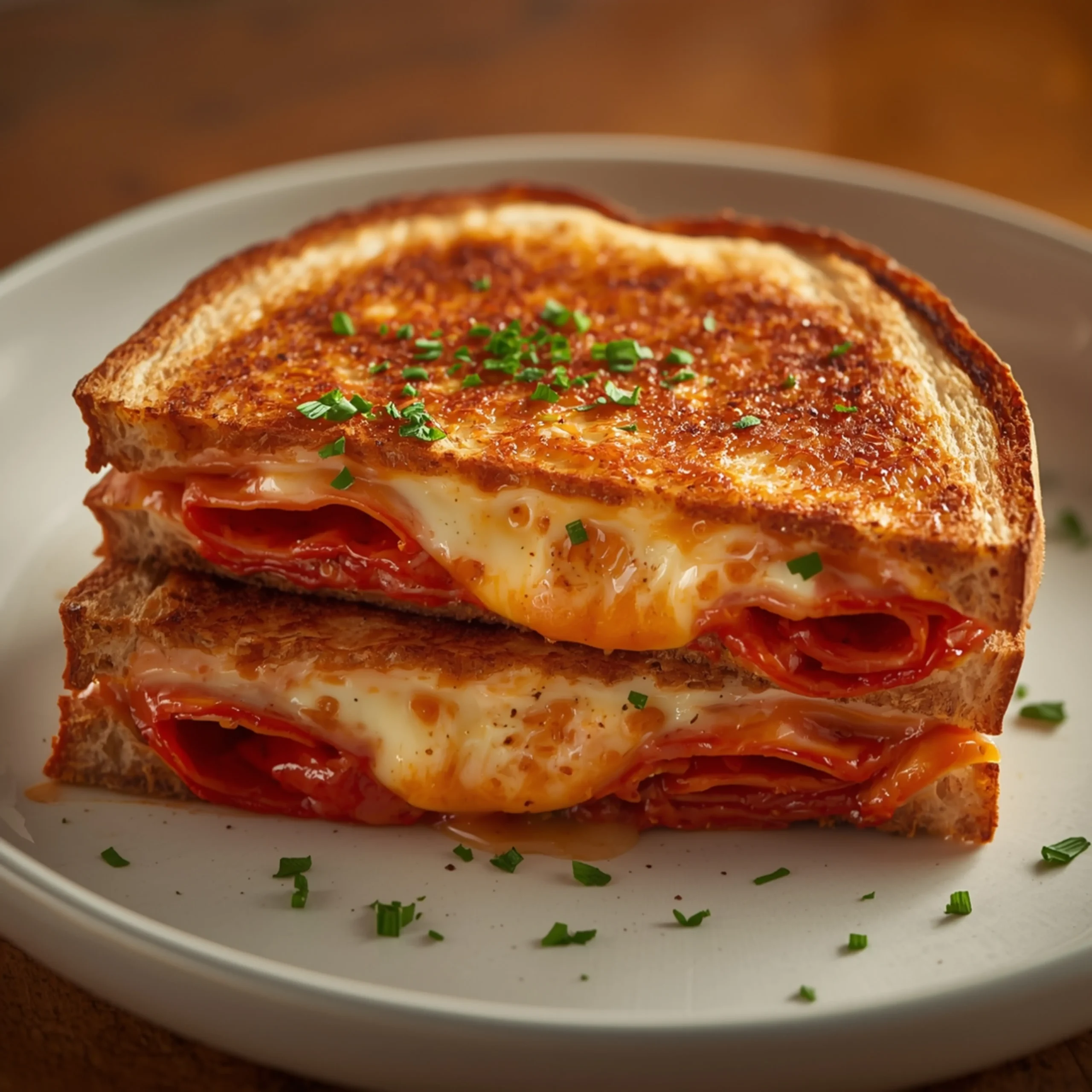 Close-up of Make The Best Pizza Grilled Cheese Sandwich with fresh herbs and glossy sauce