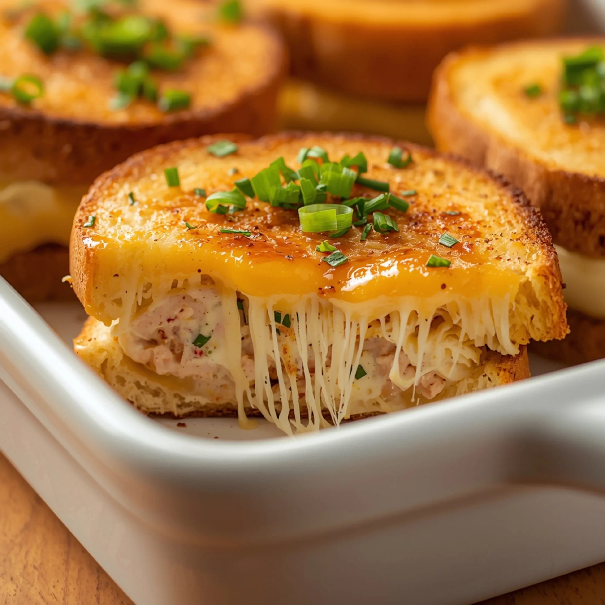 Close-up of Mini Tuna Melts with fresh herbs and glossy melted cheese
