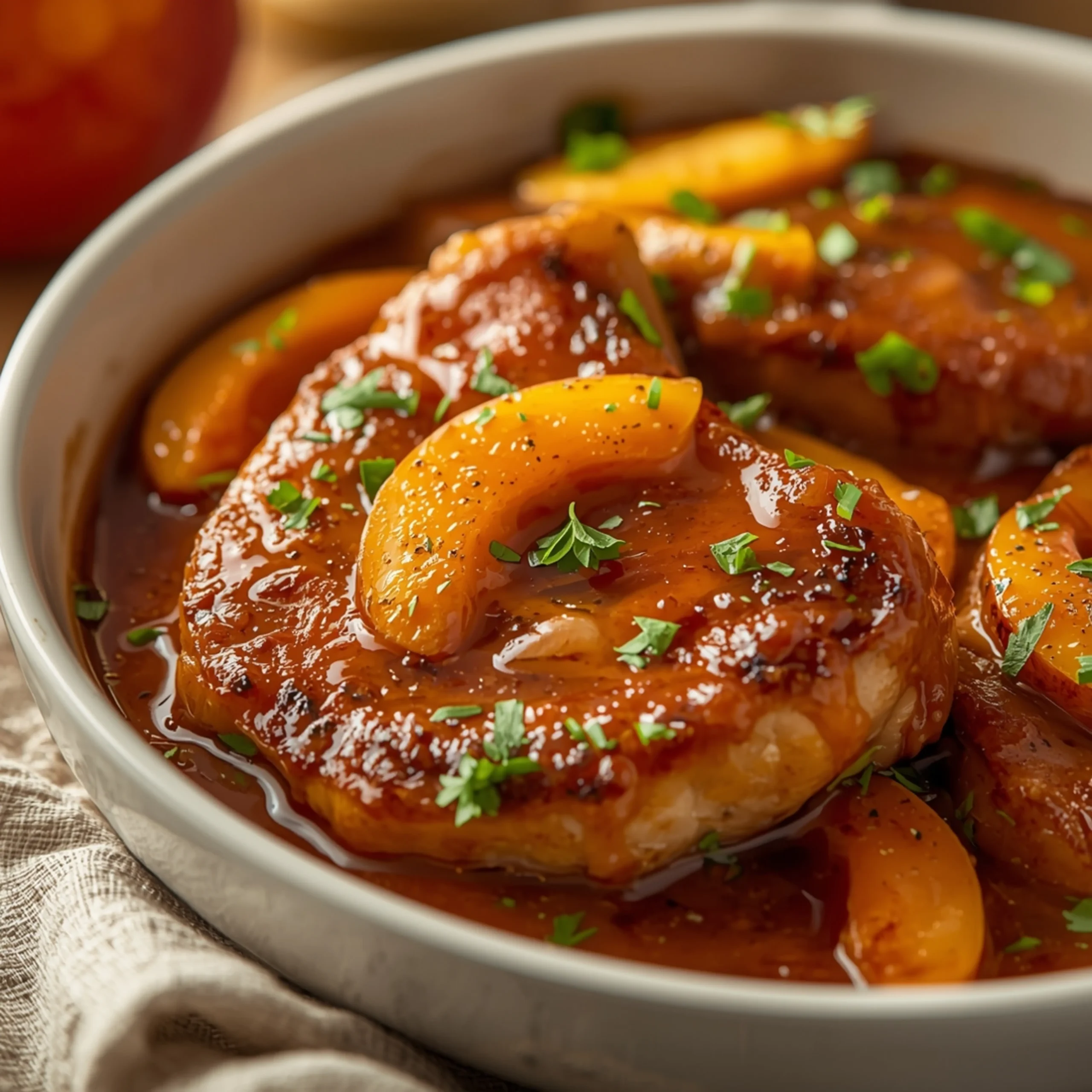 Close-up of Peach Glazed Pork Chops with fresh herbs and glossy sauce
