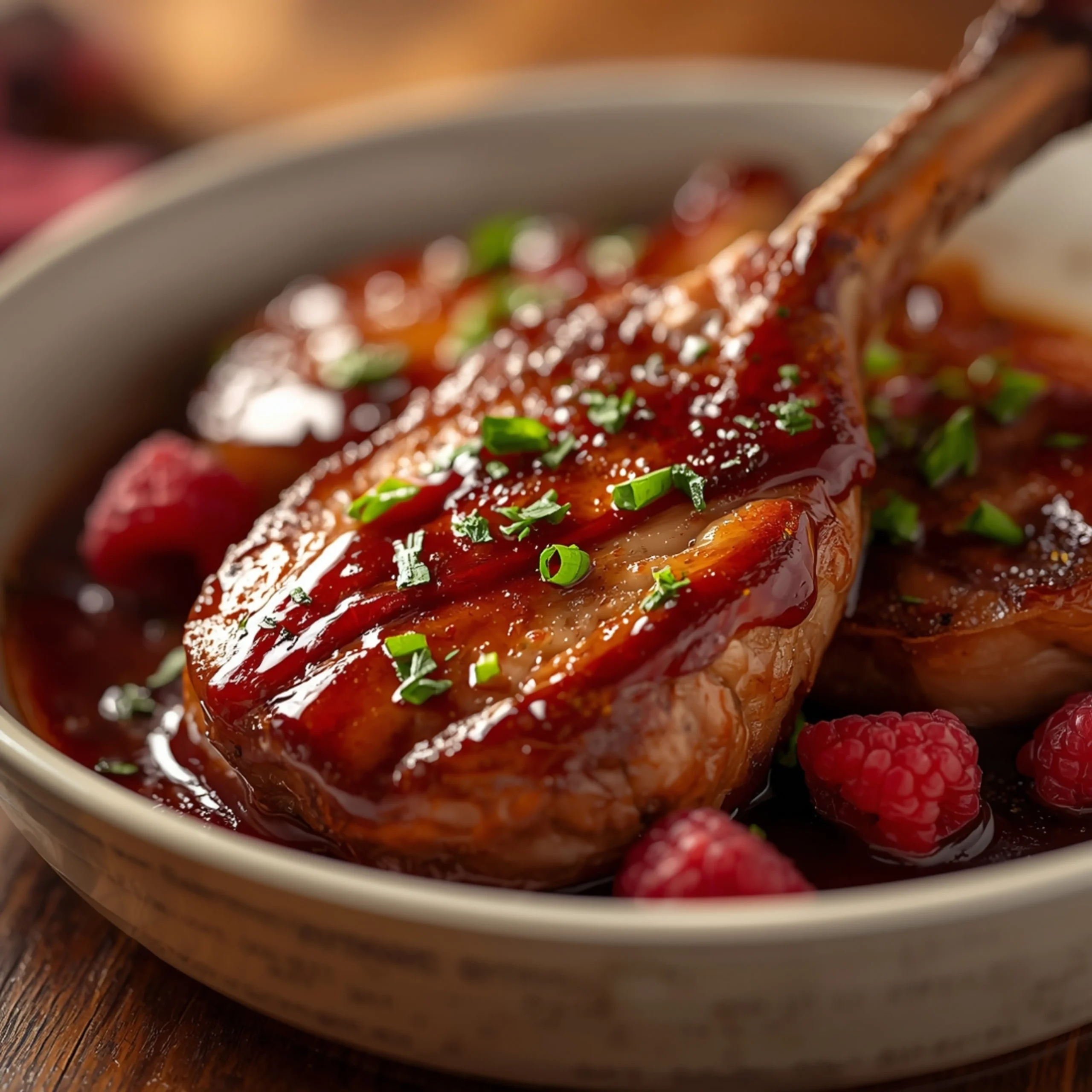 Close-up of Raspberry balsamic glazed pork chops with fresh herbs and glossy sauce