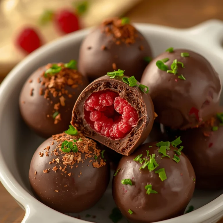 Close-up of Raspberry Truffles with fresh herbs and glossy sauce