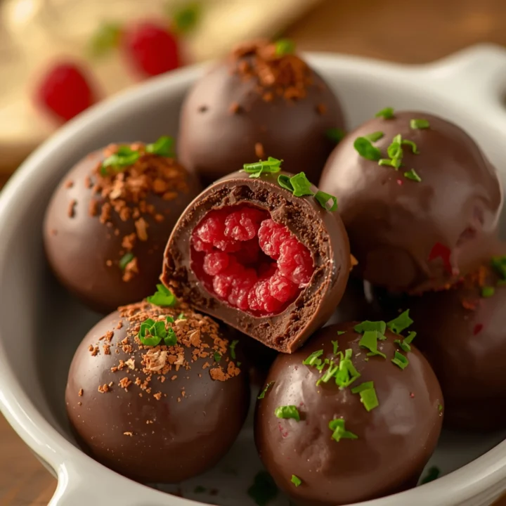 Close-up of Raspberry Truffles with fresh herbs and glossy sauce