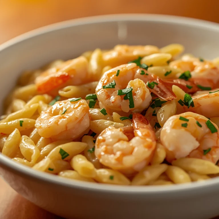 Close-up of Shrimp Orzo In Lemon Garlic Sauce with fresh herbs and glossy sauce