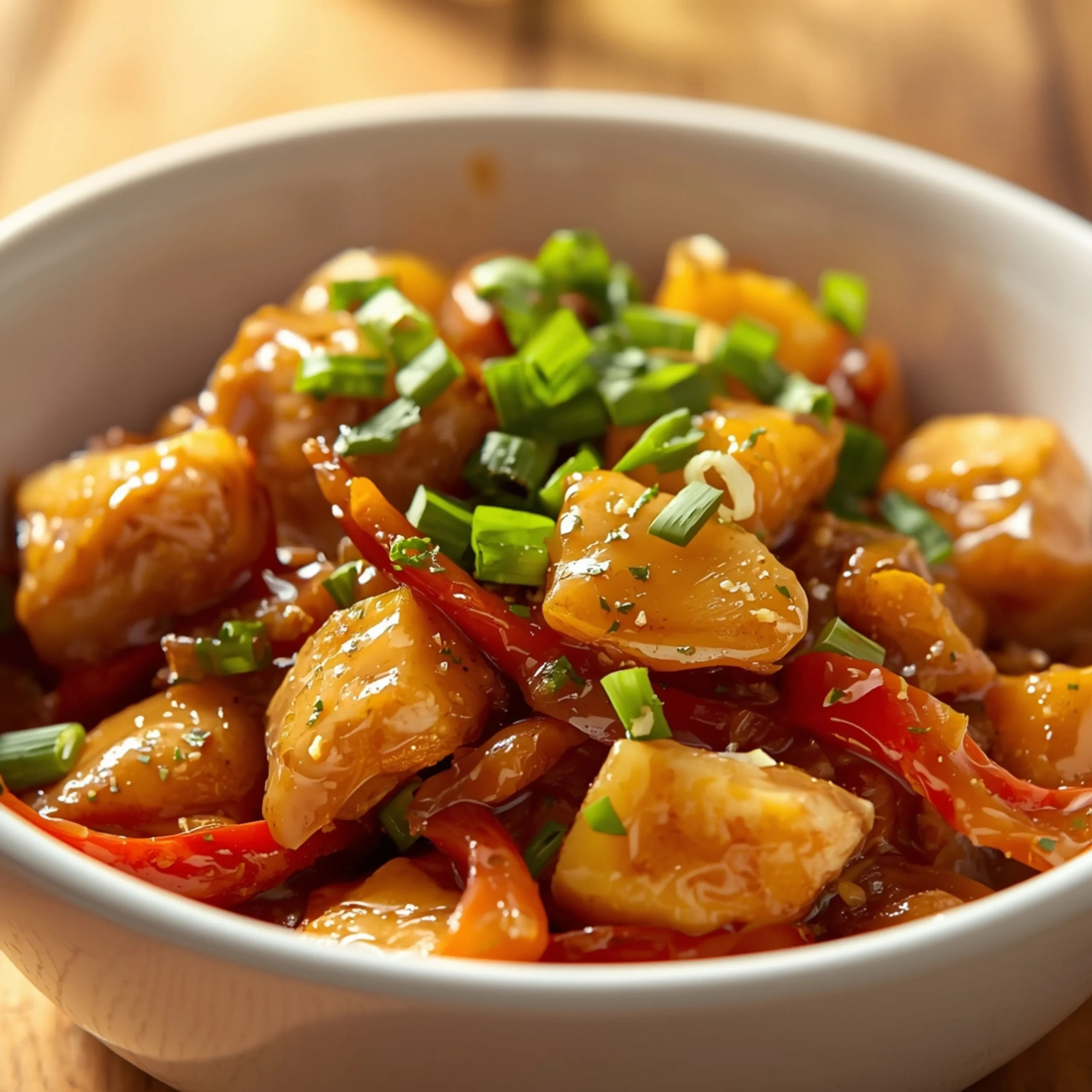 Close-up of Sweet Hawaiian Crockpot Chicken with fresh herbs and glossy sauce