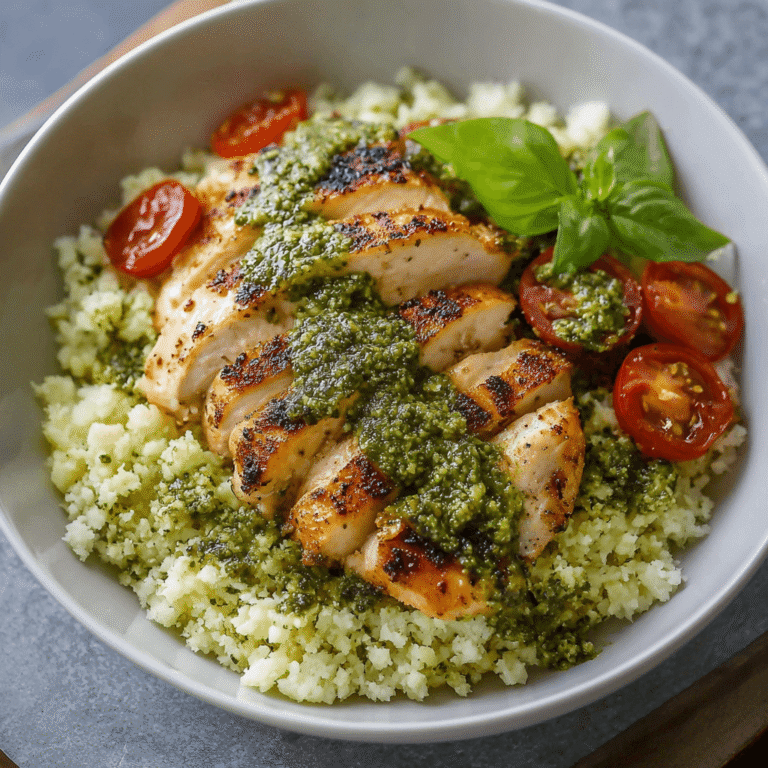 Low Carb Pesto Chicken and Cauliflower Rice Skillet