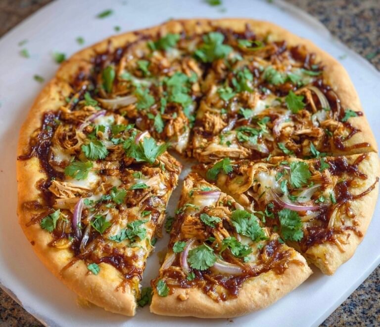 Homemade BBQ Chicken Pizza with Caramelized Onions and Fresh Cilantro